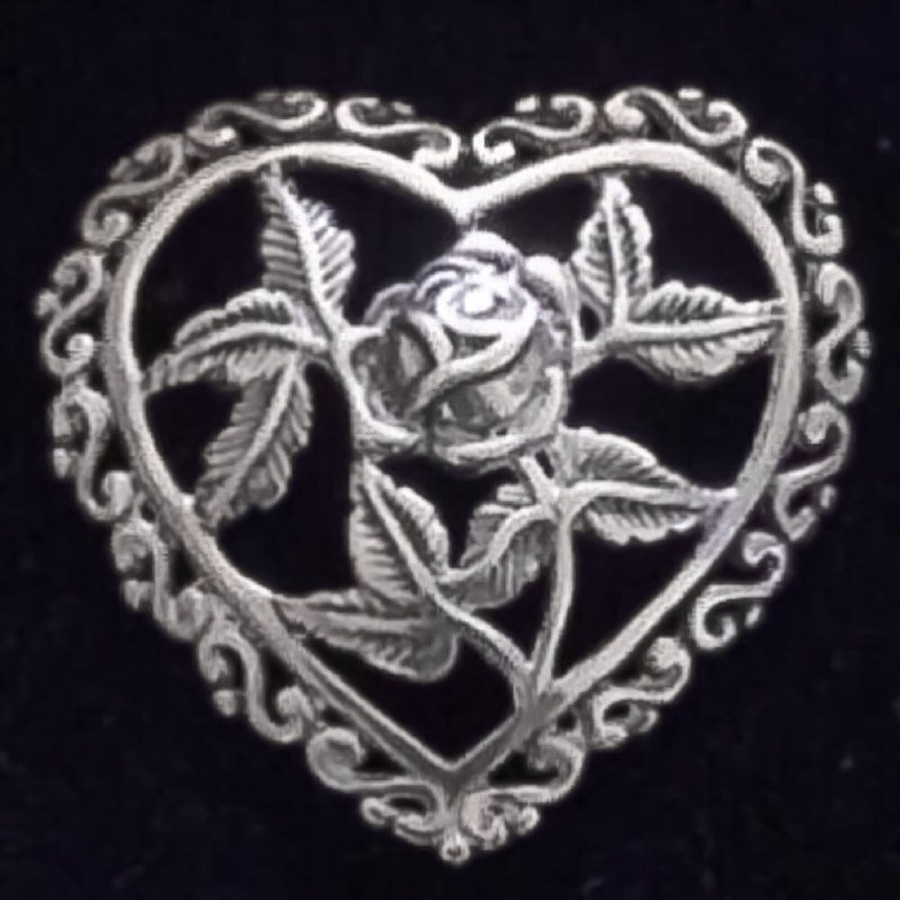 STERLING HEART ROSE FILIGREE BROOCH IN GIFT BOX